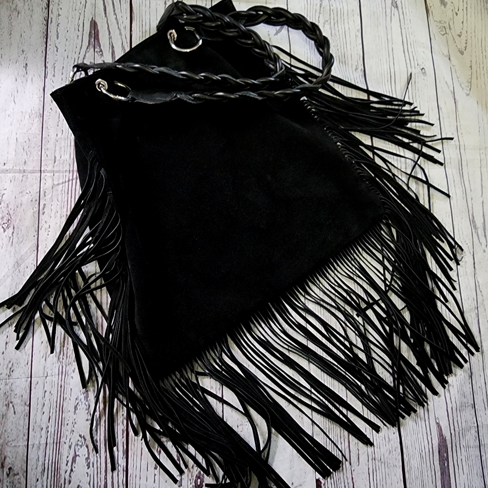 Genuine Black Italian Leather Shoulder Bag Bohemian Tassels New Condition